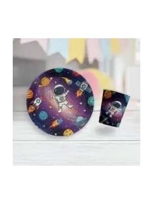 Uzay Temalı Karton Tabak Bardak Set 8 Tabak 8 Bardak
