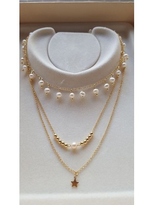 Shiklik 3'lü Altın Renk Inci Zincir Yıldız Model Kadın Kolye