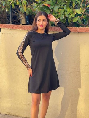 Moda Loris Kadın Uzun Kollu Bisiklet Yaka Kollar Leopar Detay Iki Iplik Mini Boy Elbise
