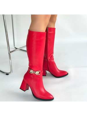 SEPET365 Mooni Kırmızı Cilt Topuklu Çizme