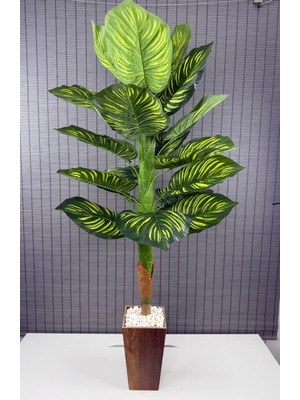 Bahçem Yapay Yapraklı Dua Çiçeği Tropik Sarı Şeritli Salon Bitkisi Konik Ahşap Saksılı 21 Yapraklı 150CM