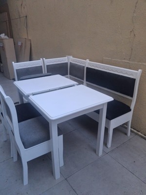 Bengi Ankara Mobilya Köşe Mutfak 90554 Tk Kayın Ahşap Sandık Açıl Masa Babyface Gri Siyah Kumaş Parlak Beyaz Lake