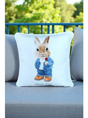 Visionario Kırlent Kılıfı Tavşan Desenli 45X45 Raşel Örme Kadife Çift Taraflı Dijital Baskı Beyaz Biyeli 01