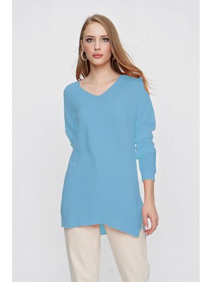 Tena Kadın Bebe Mavi V Yaka Salaş Triko Kazak