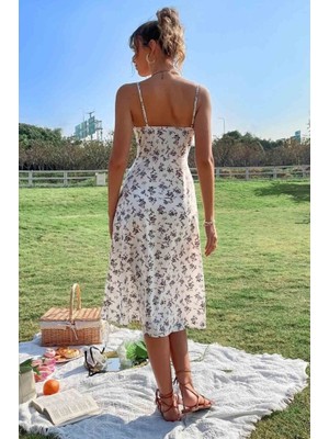 Moda Loris Kadın Ip Askılı Yakadan Bağcıklı Desenli Süprem Elbise