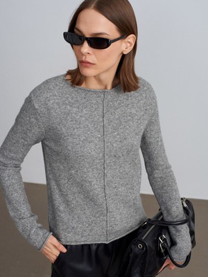 Dilvin 10855 Kayık Yaka Kazak-Gri Melanj