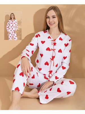 Eta Kalp Desenli Düğmeli Uzun Kollu Kadın Pijama Takımı – Yumuşak Kumaş