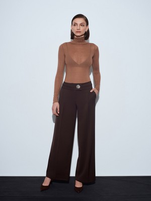 Dilvin 72244 Gold Düğmeli Geniş Paça Pantolon-Kahve