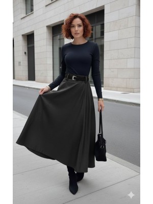 Moda Loris Kadın Yüksek Belli Maxi Deri Kemersiz Etek