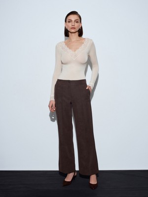 Dilvin 72252 Dikiş Detaylı Süet Görünümlü Pantolon-Kahve