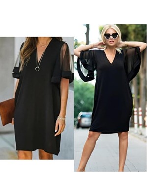 Moda Loris Kadın Tüllü Kısa Kollu V Yaka Krep Elbise