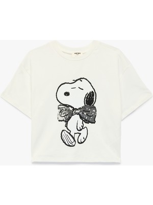 Koton Lisanslı Snoopy Baskılı Kısa Kollu Pullu Payetli Pamuklu Tişört