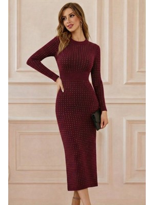 Moda Loris Kadın Uzun Kollu Bisiklet Yaka Taşlı Midi Kadife Elbise