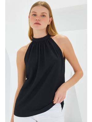 Moda Loris 0489 Halter Yaka Örme Bluz - Siyah