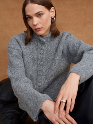 Dilvin 60995 Dik Yaka Düğmeli Triko Hırka-Füme M.