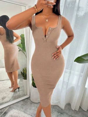 Moda Loris Kadın Askılı Önü Düğmeli Midi Kaşkorse Elbise