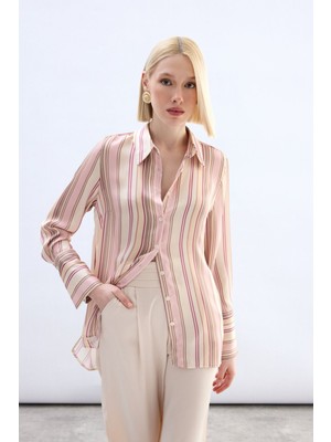 Sateen Renkli Çizgili Gömlek - Pudra
