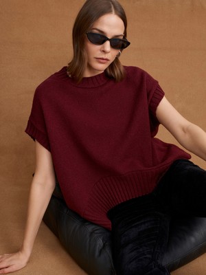 Dilvin 10839 Yün Karışımlı Oversize Süveter-Bordo