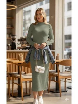 Moda Loris Kadın Uzun Kollu Balıkçı Yakalı Yanlardan Yırtmaçlı Kaşkorse Maxi Elbise