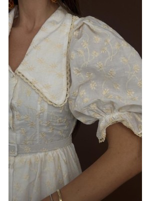 Moda Loris Bej Bebe Yaka Balon Kollu Brode Elbise