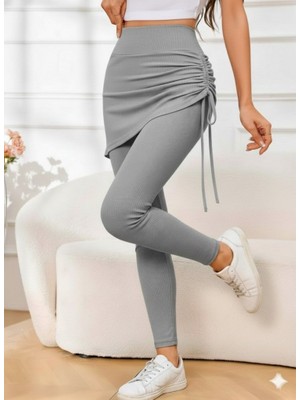 Moda Loris Kadın Yüksek Bel Yandan Büzgülü Alttan Uzun Kaşkorse Tayt Etek