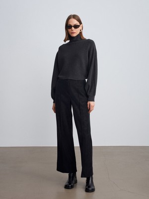 Dilvin 72252 Dikiş Detaylı Süet Görünümlü Pantolon-Siyah