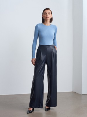 Dilvin 72238 Suni Deri Paçası Geniş Pantolon-Lacivert