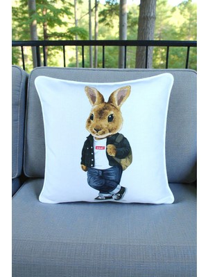 Visionario Kırlent Kılıfı Tavşan Desenli 45X45 Raşel Örme Kadife Çift Taraflı Dijital Baskı Beyaz Biyeli 03