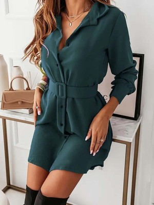 Moda Loris Kadın Uzun Kollu Yakalı Belden Kemerli Kıs Ithal Krep Elbise