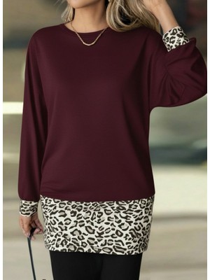 Moda Loris Kadın Uzun Kollu Bisiklet Yaka Üst Viskon Iki Iplik Alt Leopar Desenli Mini Elbise