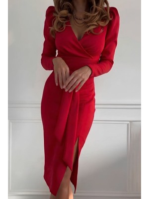 Moda Loris Kadın Uzun Kollu Kruvaze Yakalı Yandan Yırtmaçlı Belden Kuşaklı Midi Ithal Krep Elbise