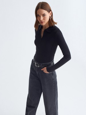 Dilvin 10862 Kaşmir Karışımlı Fermuarlı Kazak-Siyah