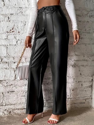 Moda Loris Kadın Önden Fermuarlı Cepli Geniş Kesim Lame Deri Pantolon