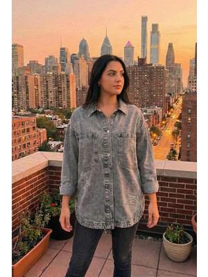 Asist Ast 918 Yıldız Işleme Boncuklu Oversize Cepli Kadın Kot Ceket Gri