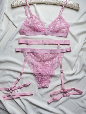 Rozenin Lingerie 3'lü Set Bant Detaylı Balensiz Bacak Aksesuarlı Sütyen Takımı