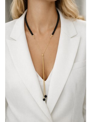 Mith Sb Takı Özel Tasarım Oniks Doğal Taş & Paslanmaz Çelik Asansörlü 'y' Kolye