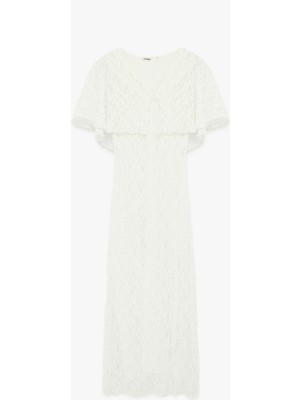 Koton Slim Fit Pelerin Kol V Yaka Uzun Dantel Elbise