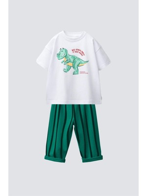 Monila Erkek Çocuk Dinozor Baskılı Bisiklet Yaka Pamuklu Jogger Pantolonlu Altüst Takım