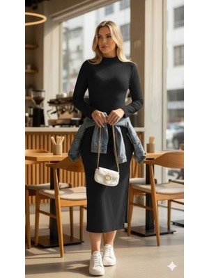 Moda Loris Kadın Uzun Kollu Balıkçı Yakalı Yanlardan Yırtmaçlı Kaşkorse Maxi Elbise