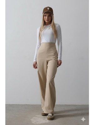 Moda Loris Beli Yarım Lastikli Palazzo Pantolon - Camel