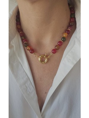 Mith Sb Takı Özel Tasarım Altın Kaplama Çelik Gemici Kilit Akik Doğal Taş Kolye