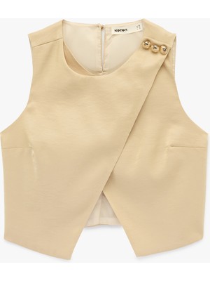 Koton Yuvarlak Yaka Aksesuar Detaylı Asimetrik Kesim Saten Yelek