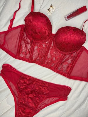 Rozenin Lingerie Kırmızı Dantelli Korseli Destekli Büstiyer Sütyen Takımı