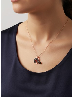 925 Ayar Gümüş Siyah Zirkon Taşlı Gold Osmanlı Tuğras Tasarım Trend Kadın Kolye