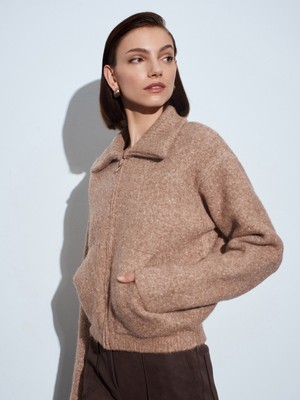 Dilvin 61003 Yün Karışımlı Fermuarlı Triko Hırka-Koyu Bej