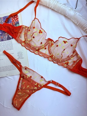 Rozenin Lingerie Romantik Turuncu Çiçekli Kapsız Bralet Tanga Set