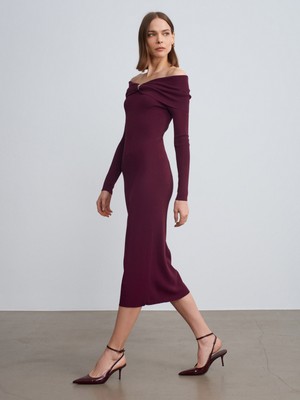 Dilvin 90261 Omzu Açık Fiyonk Detaylı Triko Elbise-Bordo