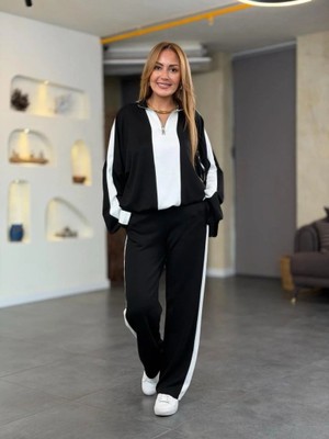 Moda Loris Kadın Uzun Kollu Yakadan Fermuarlı Viskon Iki Iplik Bluz ve Pantolon Ikili Takım