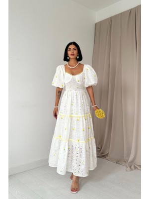 Moda Loris Sarı Dantel Detaylı Brode Elbise