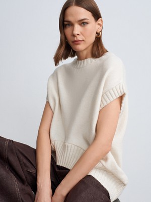 Dilvin 10839 Yün Karışımlı Oversize Süveter-Ekru